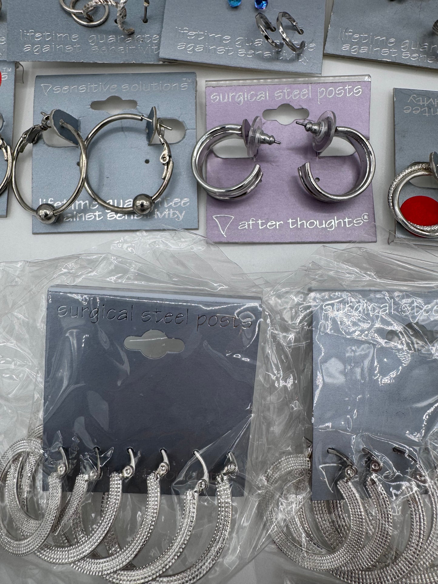 Set of 24 Mixed Silver Hoop and Stud Earrings (46 Pairs, 14 Singles) Costume Jewelry Vintage After Thoughts