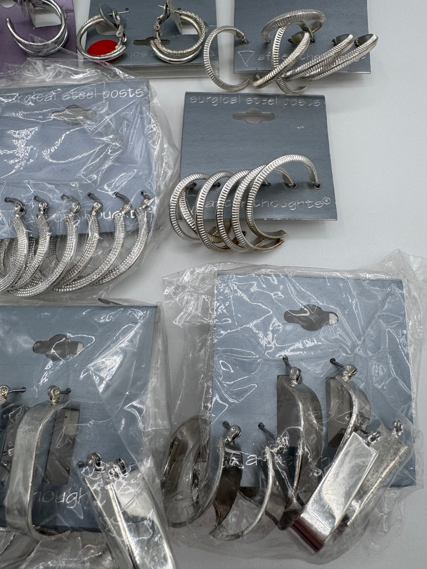 Set of 24 Mixed Silver Hoop and Stud Earrings (46 Pairs, 14 Singles) Costume Jewelry Vintage After Thoughts