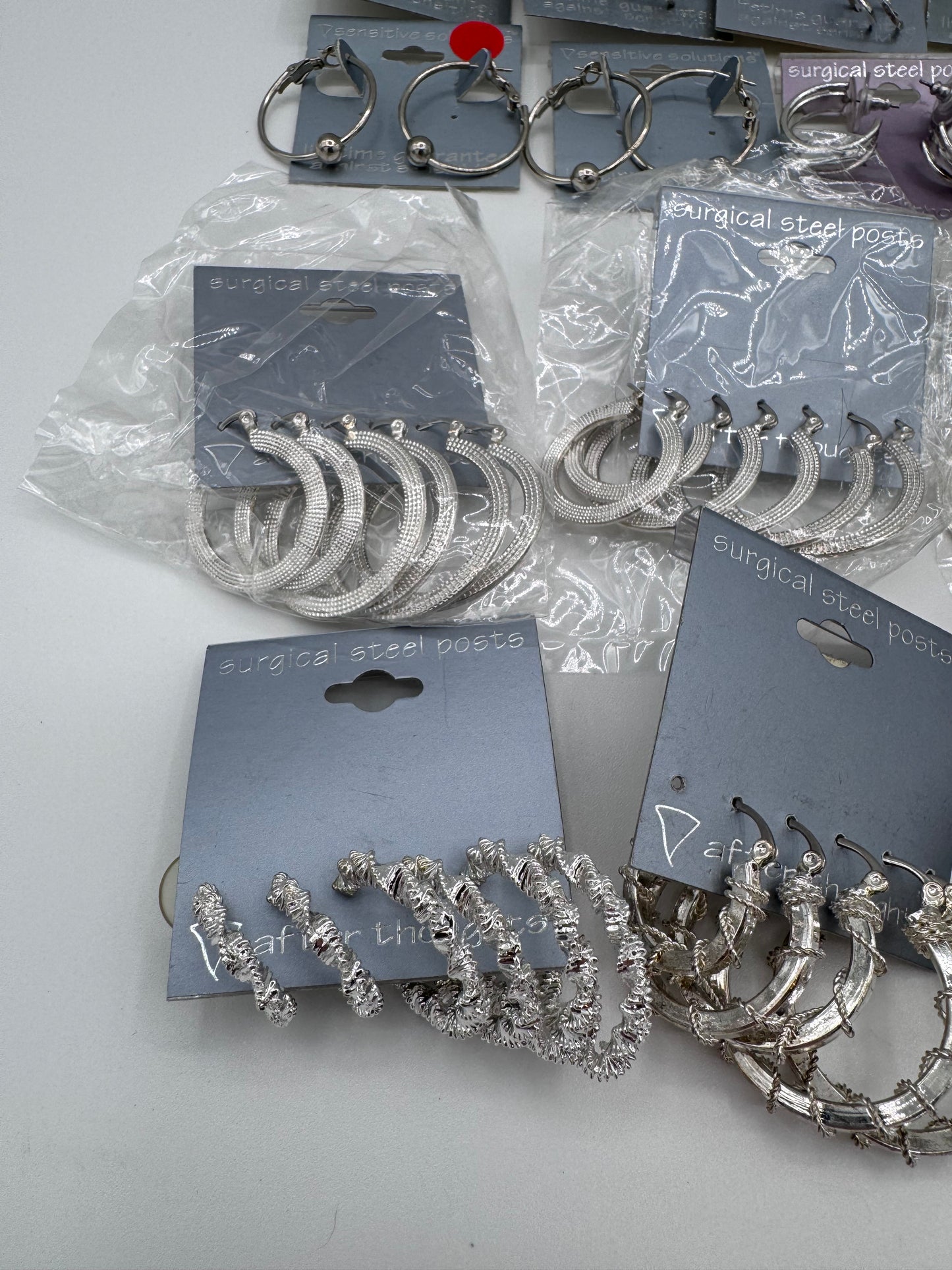 Set of 24 Mixed Silver Hoop and Stud Earrings (46 Pairs, 14 Singles) Costume Jewelry Vintage After Thoughts