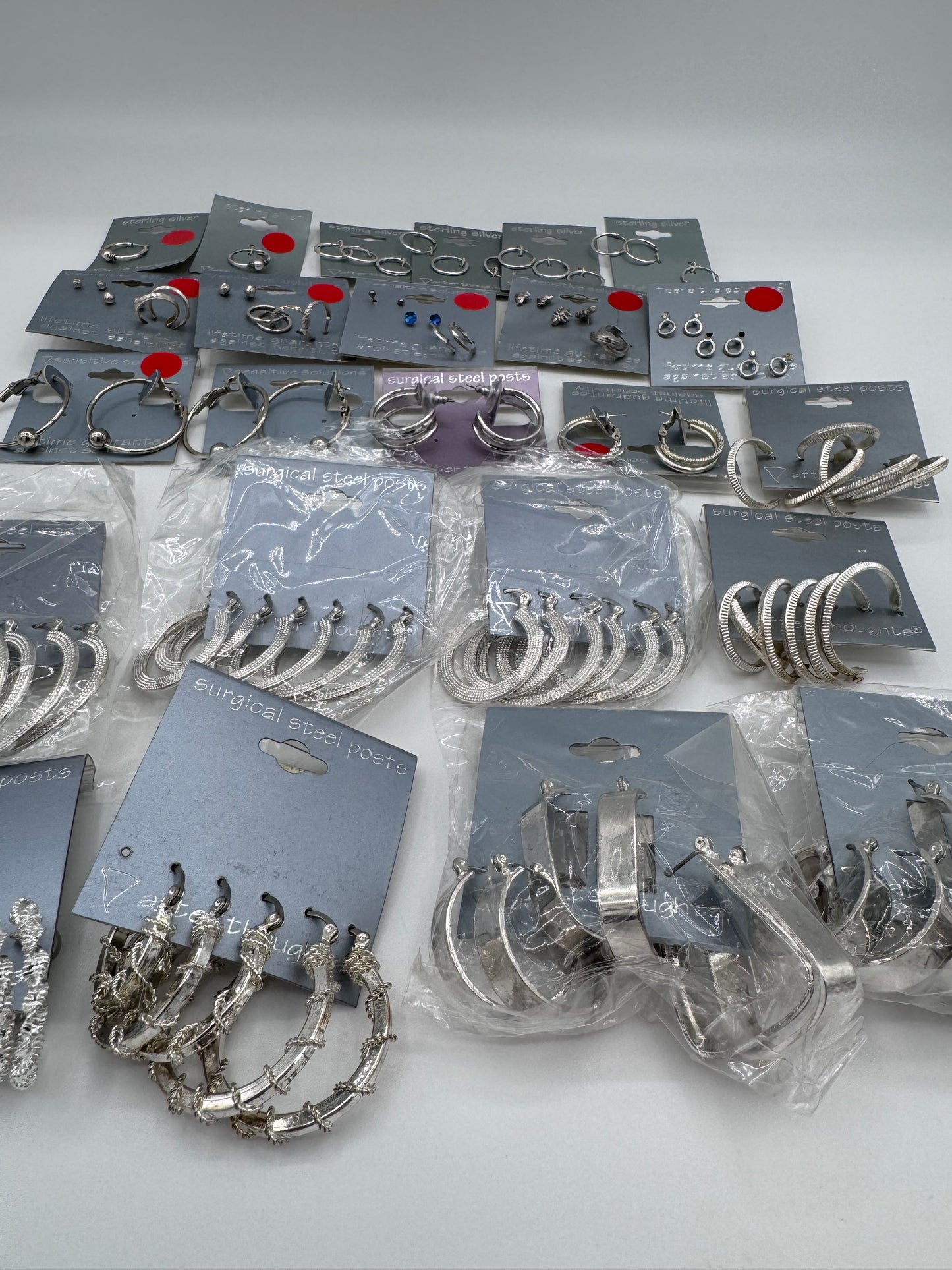 Set of 24 Mixed Silver Hoop and Stud Earrings (46 Pairs, 14 Singles) Costume Jewelry Vintage After Thoughts