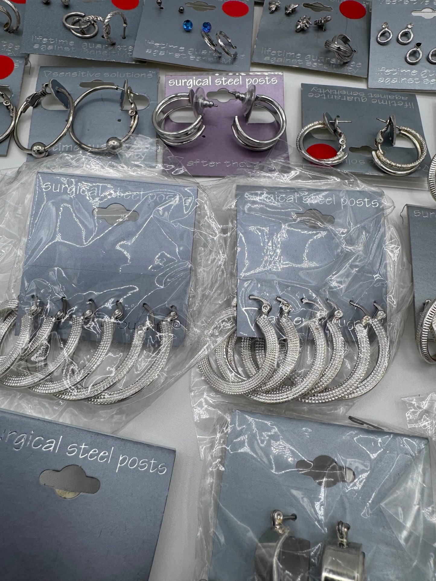 Set of 24 Mixed Silver Hoop and Stud Earrings (46 Pairs, 14 Singles) Costume Jewelry Vintage After Thoughts