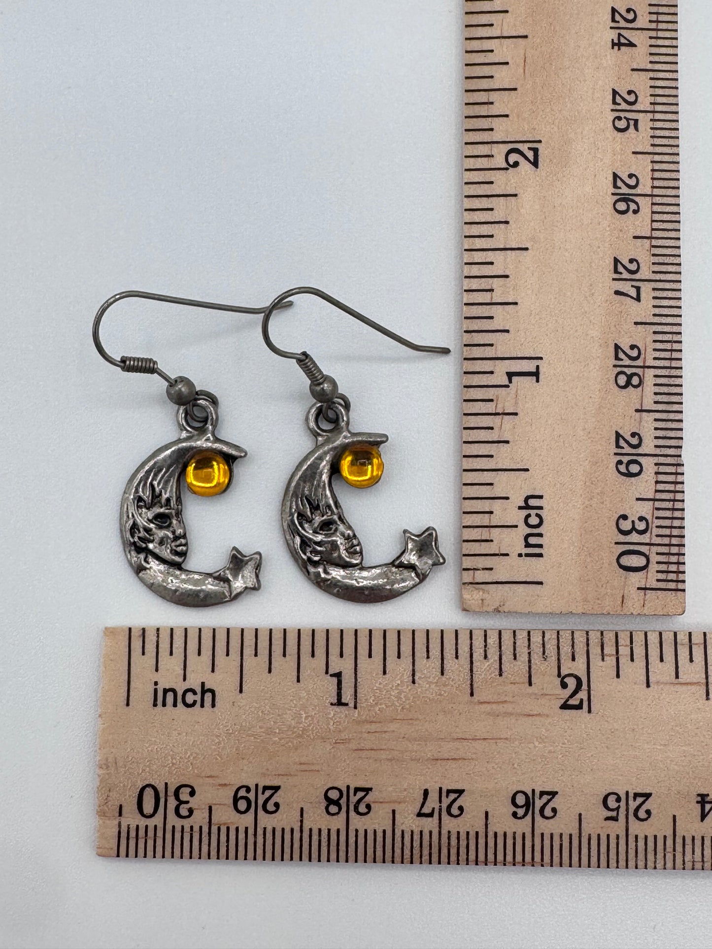 Cresent Man in the Moon, Star and Amber Gemstone Vintage Dangle Earrings