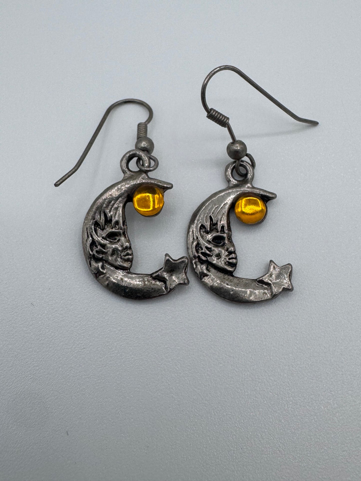 Cresent Man in the Moon, Star and Amber Gemstone Vintage Dangle Earrings
