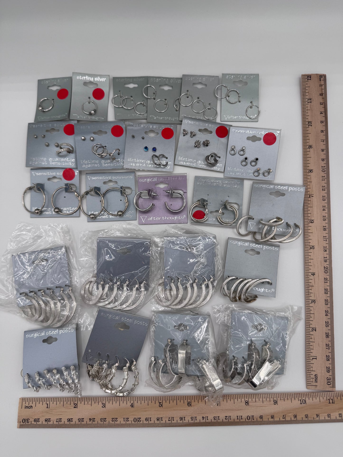 Set of 24 Mixed Silver Hoop and Stud Earrings (46 Pairs, 14 Singles) Costume Jewelry Vintage After Thoughts
