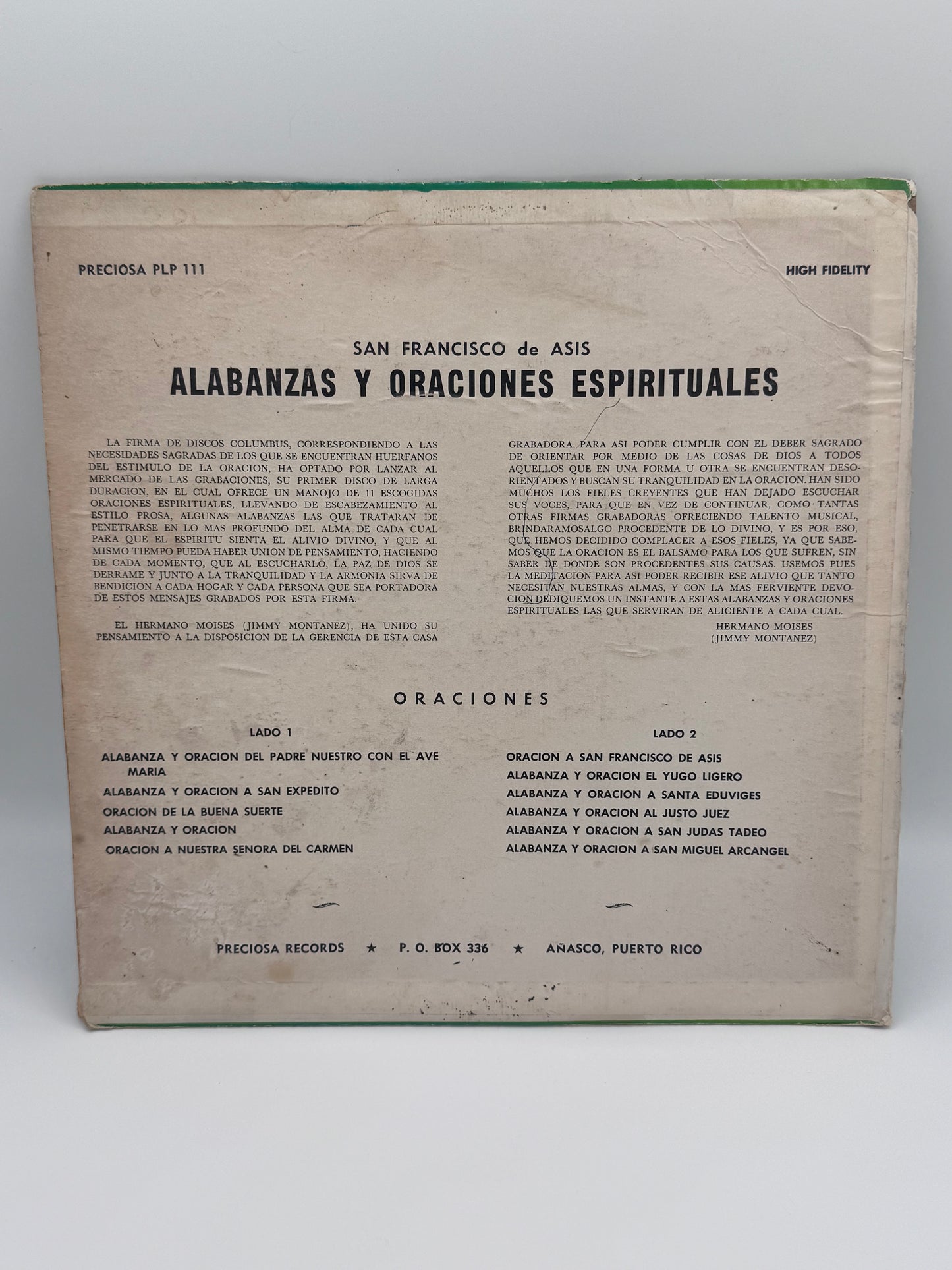 Hermano Moises San Francisco de Asis Oraciones Alabanzas Espirituales 1960 Vintage Vinyl Record