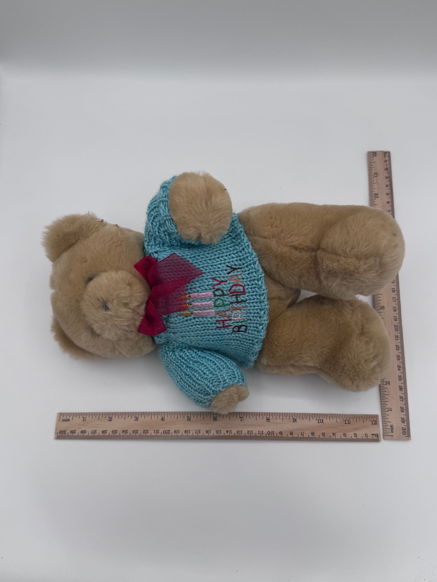 Brown Happy Birthday Teddy Bear Red Bow Aqua Sweater 2004 Michaels