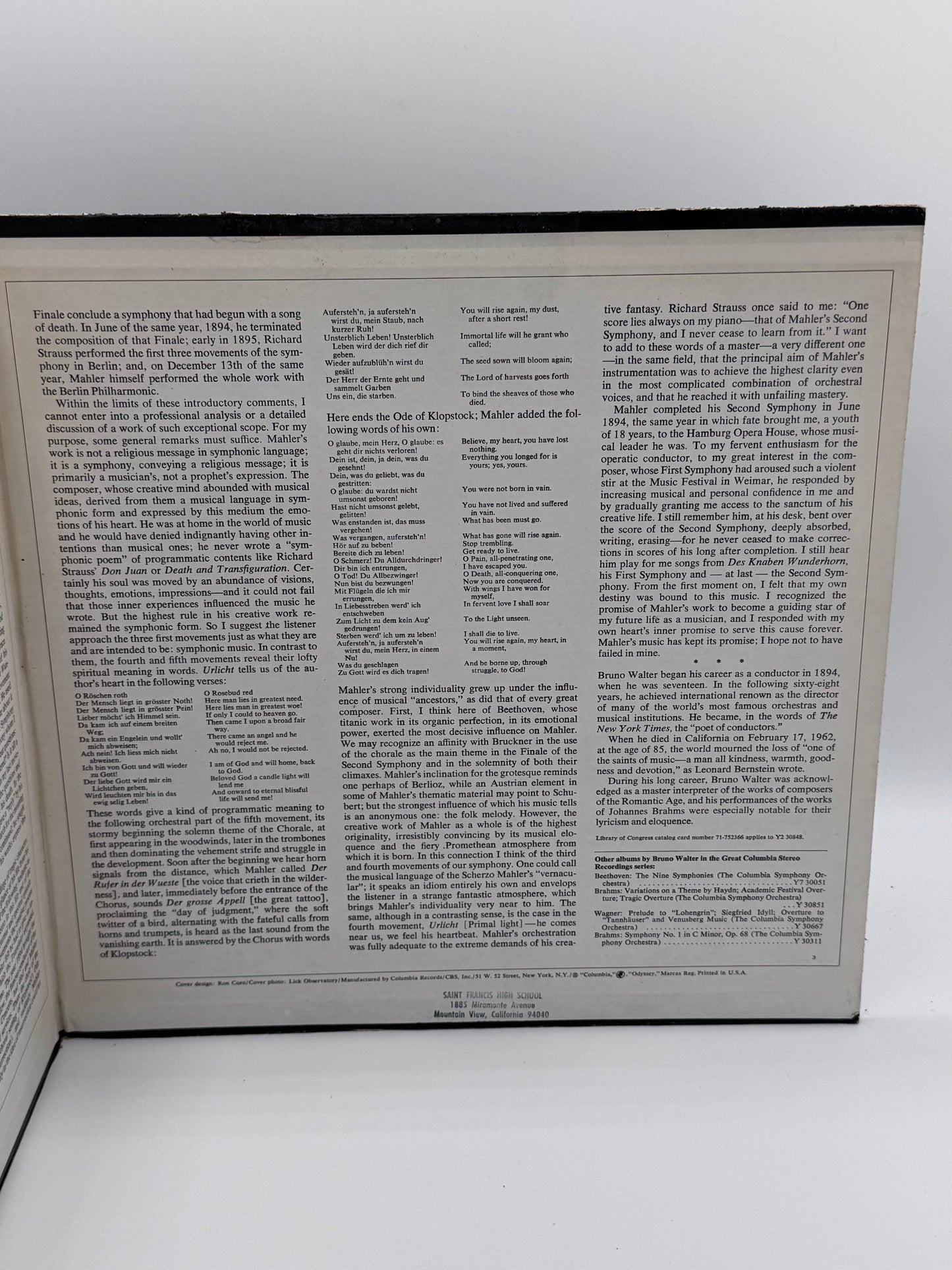 Resurrection Bruno Walter Gustav Mahler Symphony No. 2 1971 Vintage Vinyl Records Set of 2