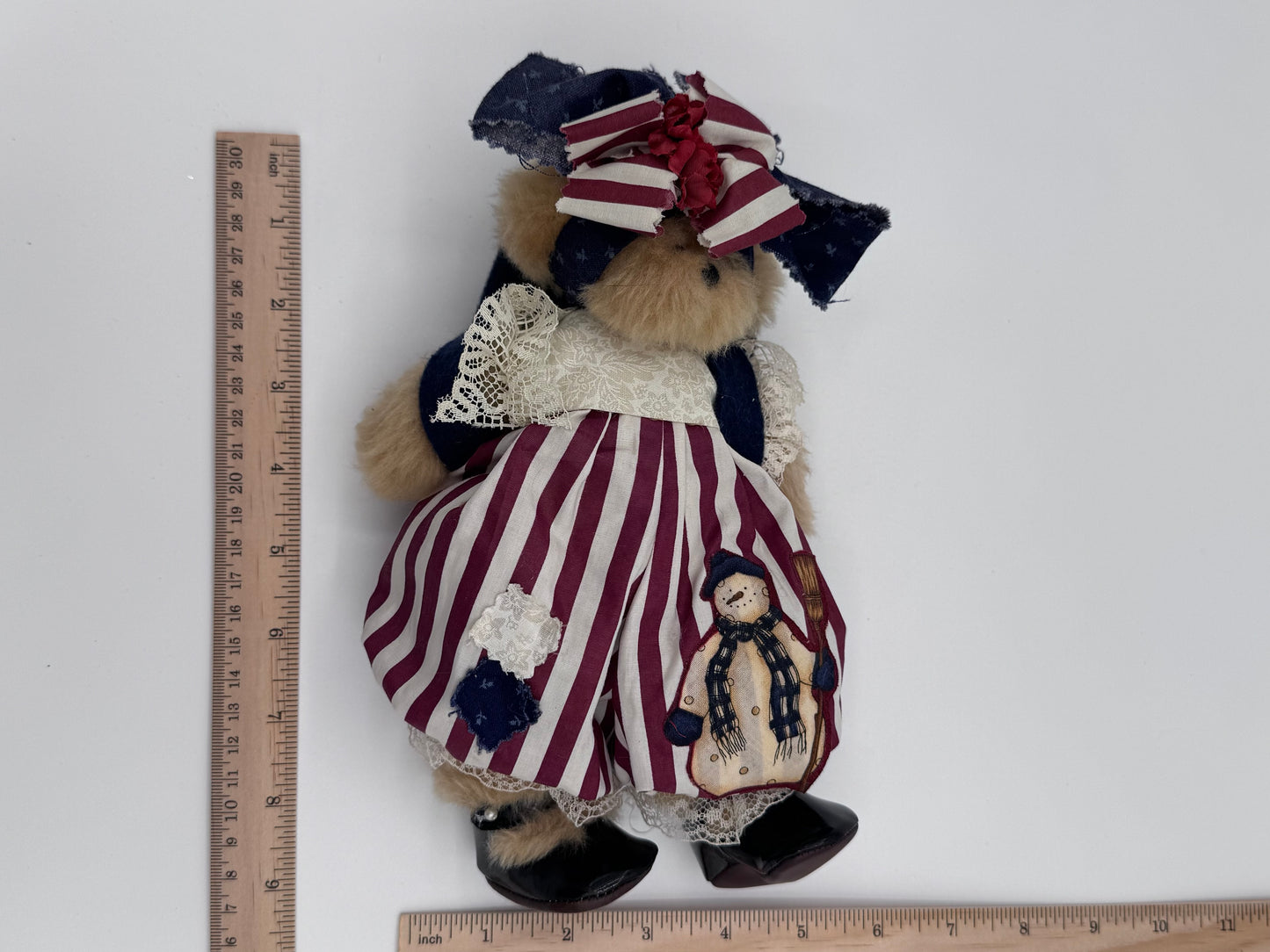 Beige Collectable Teddy Bear Red White and Blue with Snowman