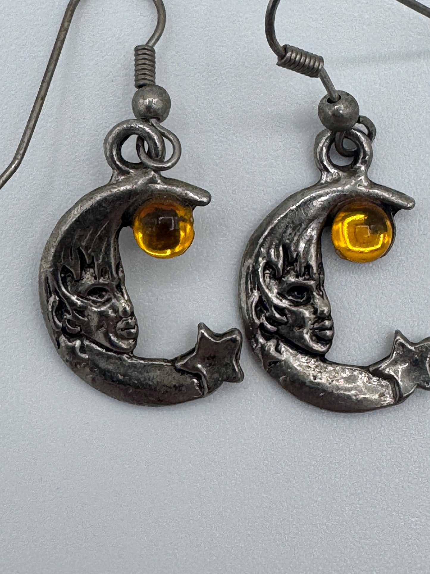 Cresent Man in the Moon, Star and Amber Gemstone Vintage Dangle Earrings