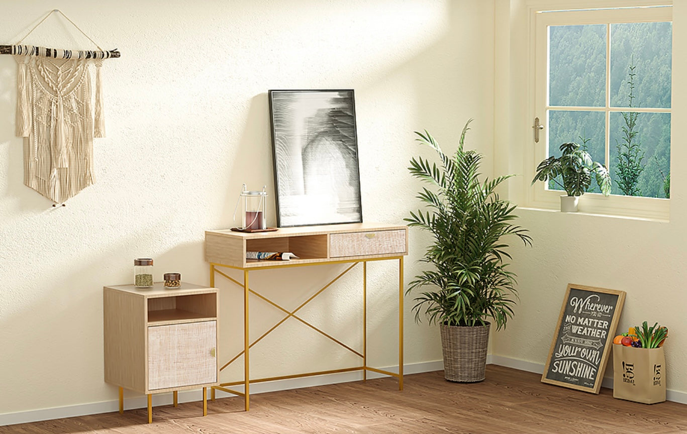 FAIRCRAFT-Linen Nightstand with Handmade Natural Rattan Drawers, Bedside Table, End Table, Rattan Side Table, Wood Nightstand, for Bedroom, Living Room