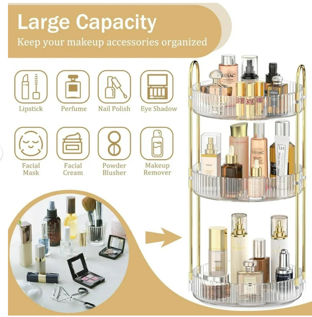 360° Rotating Makeup Organizer for Vanity, 3 Tier Large Skincare Make Up Storage Perfume Organizers for Bathroom Counter, Clear Cosmetic Dresser Lipstick Spinning Holder