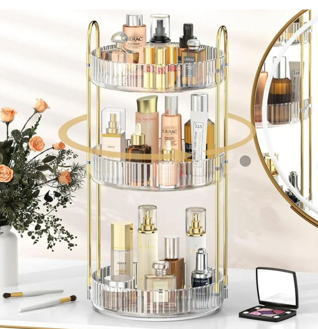 360° Rotating Makeup Organizer for Vanity, 3 Tier Large Skincare Make Up Storage Perfume Organizers for Bathroom Counter, Clear Cosmetic Dresser Lipstick Spinning Holder