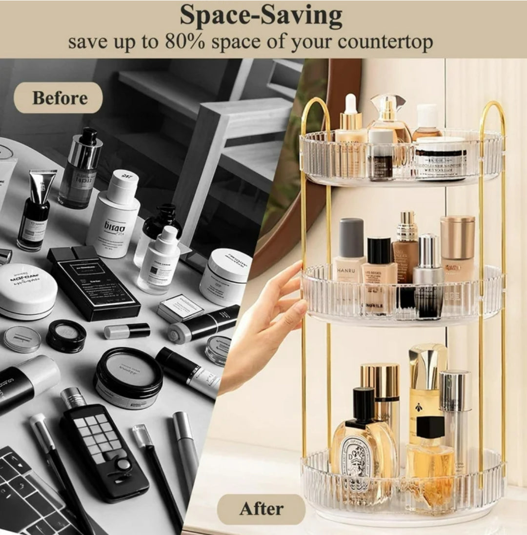 360° Rotating Makeup Organizer for Vanity, 3 Tier Large Skincare Make Up Storage Perfume Organizers for Bathroom Counter, Clear Cosmetic Dresser Lipstick Spinning Holder