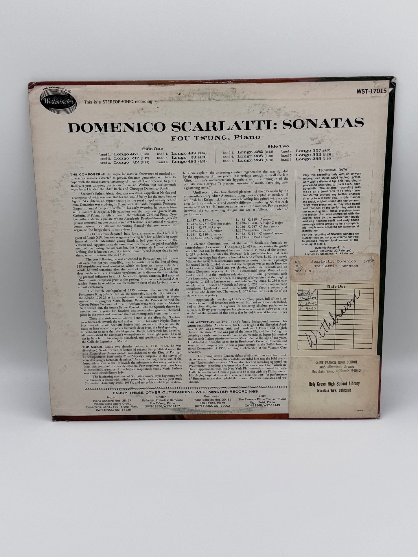 Scarlatti Sonatas Fou Ts’ong Piano Vintage Vinyl Record