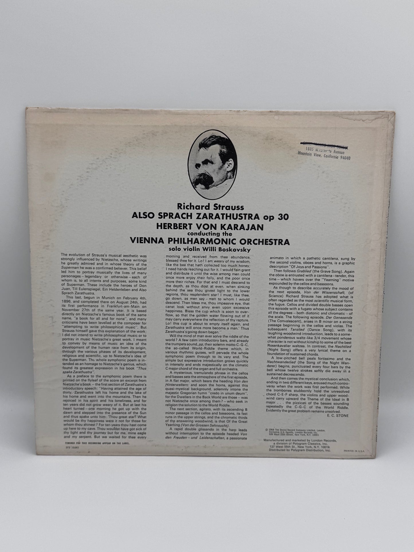 Strauss Also Sprach Zarathustra Vienna Philharmonic Orchestra OP 30 Vintage Vinyl Record 1959