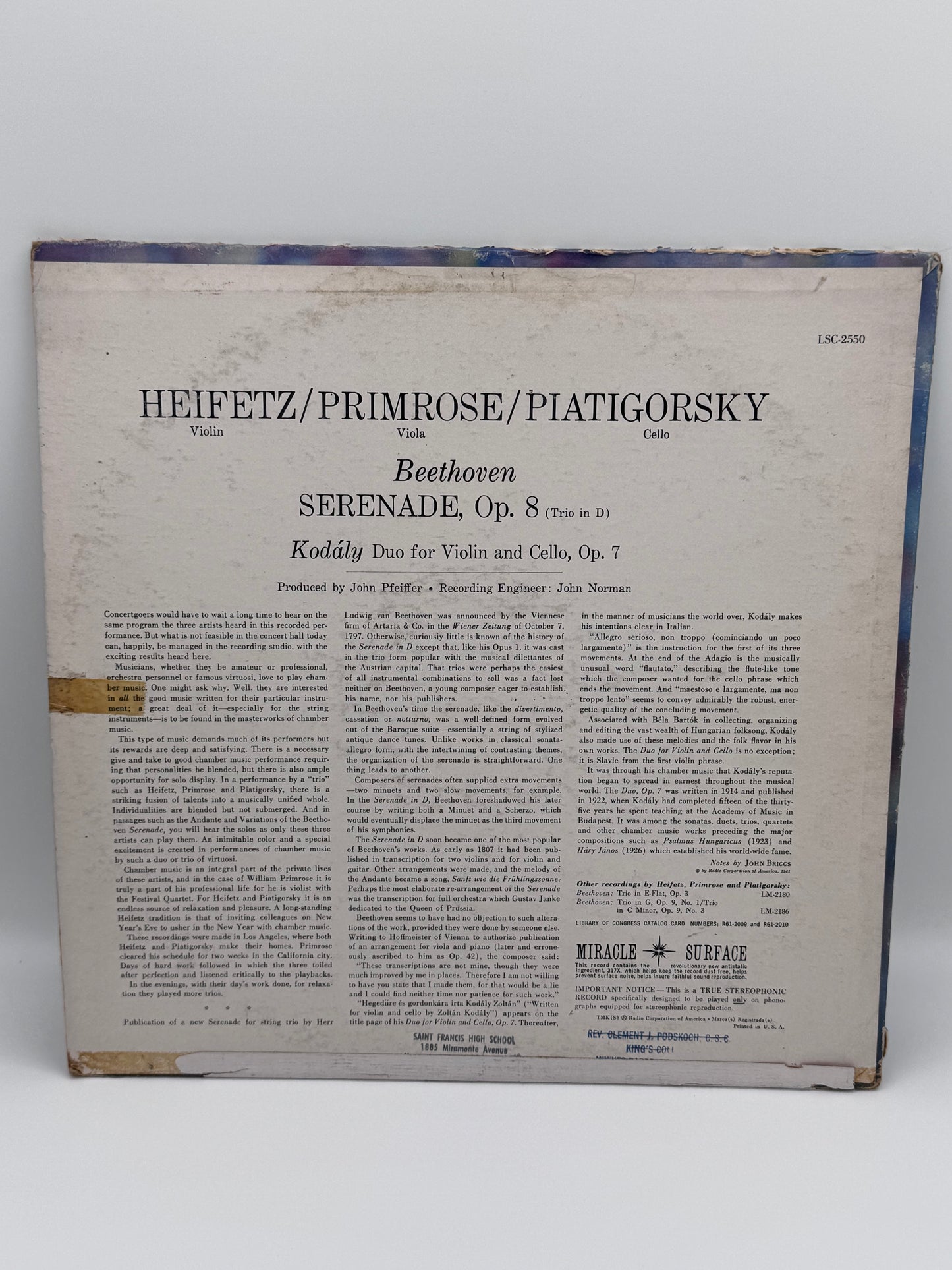 Beethoven: Serenade Opus 8 & Kodály: Duo for Violin and Cello 1961 Vintage Vinyl Record