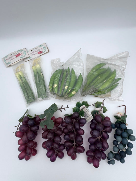 Artificial Fake Fruit and Vegetables for Kitchen Decorations Set of 9 Grapes, Leeks and Green Beans