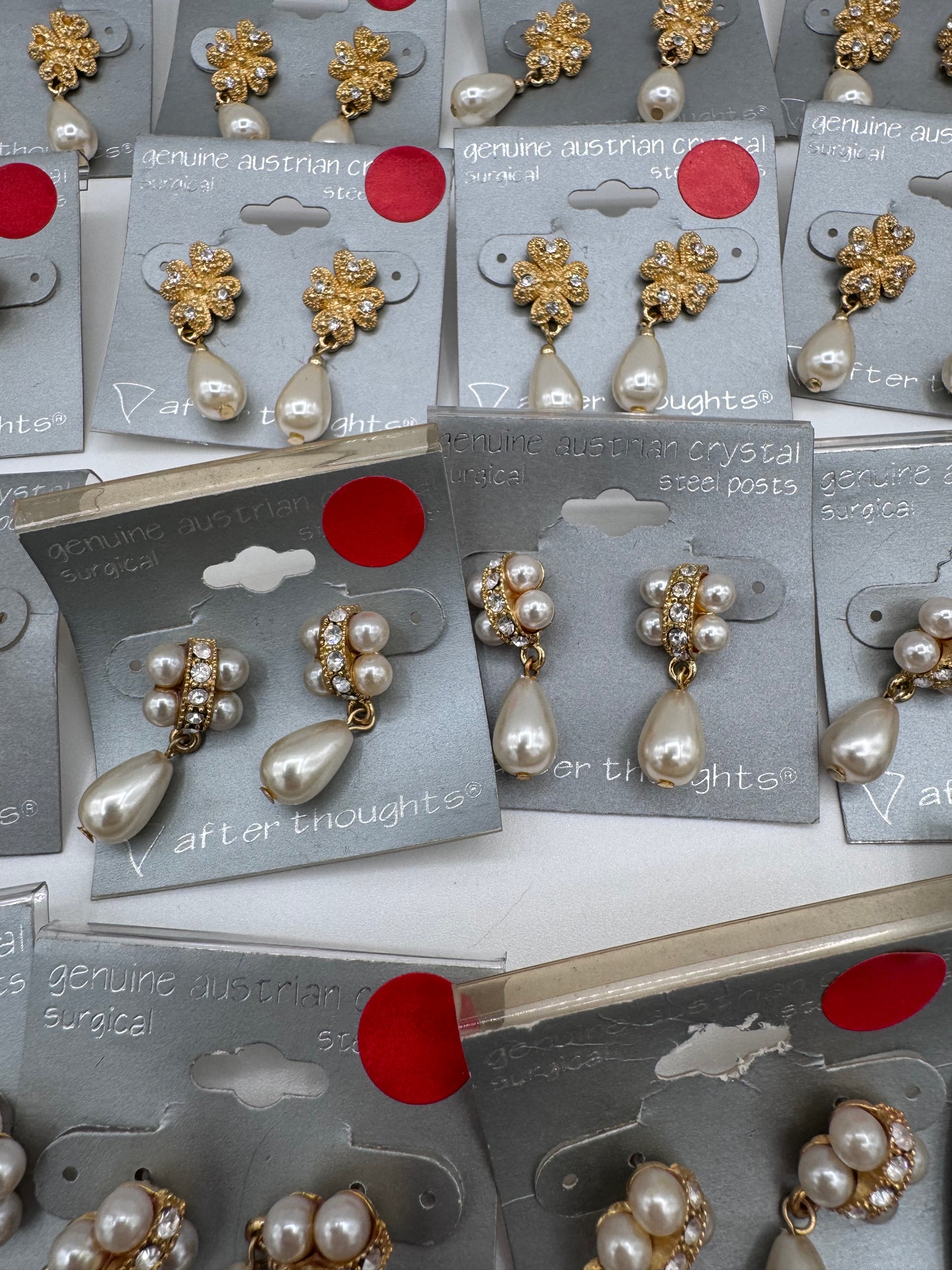 Set of 37 Pairs of Genuine Austrian Crystal Gold and Faux Pearl Dangle Earrings Costume Jewelry Vintage After Thoughts