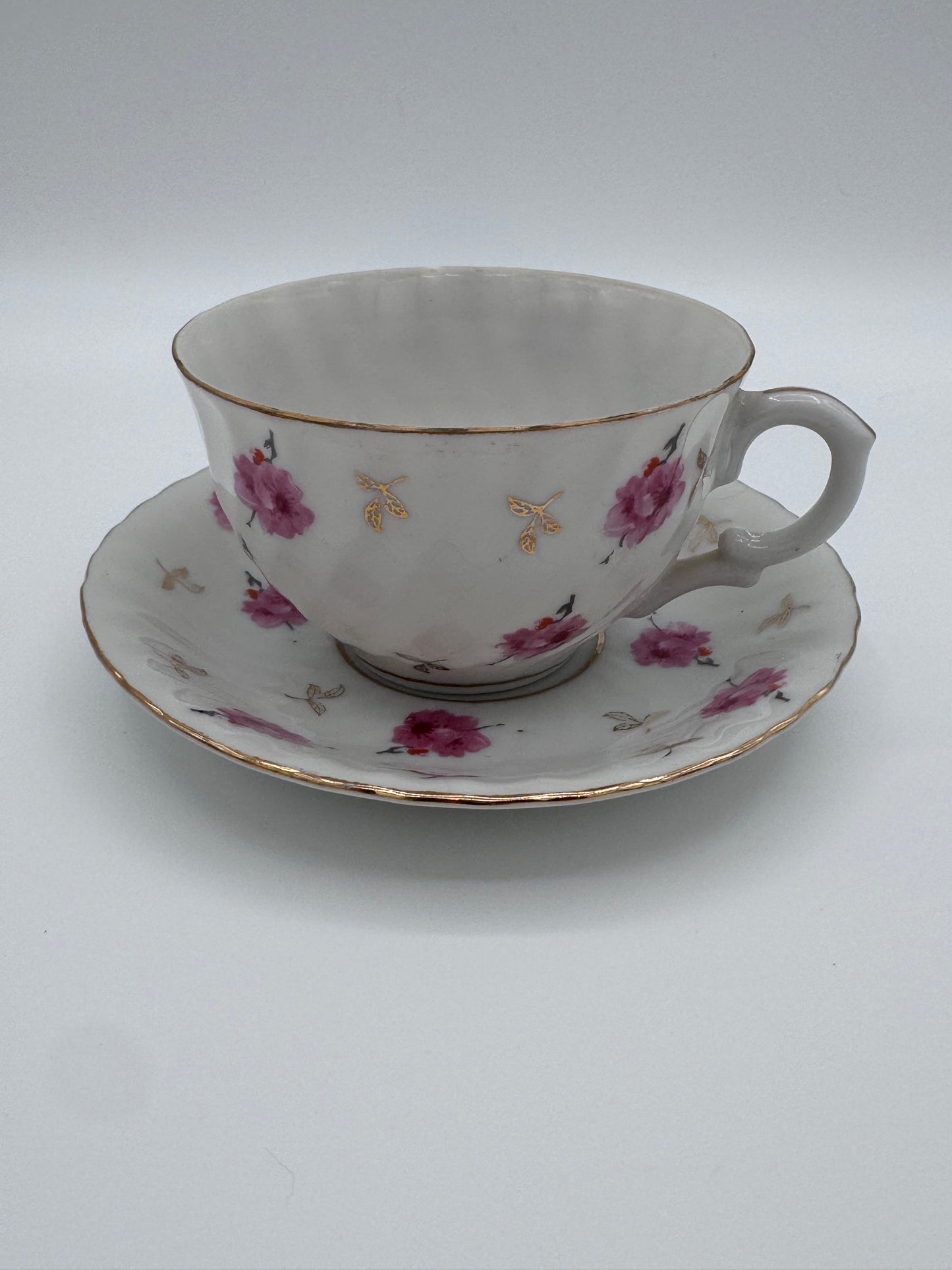 Pink and White Floral Teacup and Saucer Set