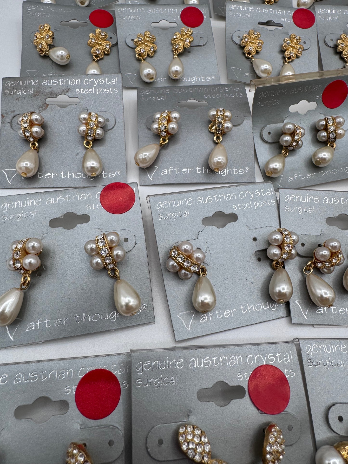 Set of 37 Pairs of Genuine Austrian Crystal Gold and Faux Pearl Dangle Earrings Costume Jewelry Vintage After Thoughts