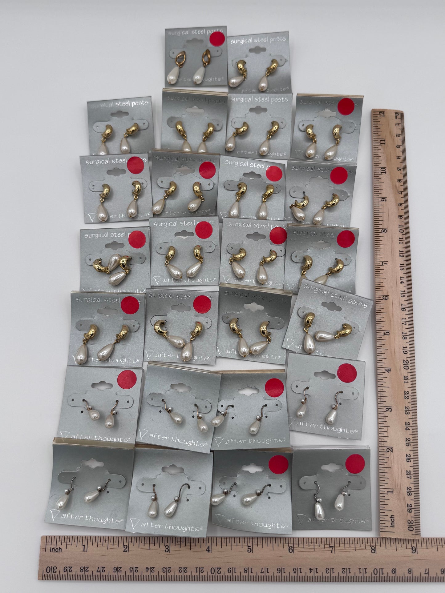 Set of 26 Pairs of Round Plastic Pearl Dangle Earrings Costume Jewelry Vintage After Thoughts