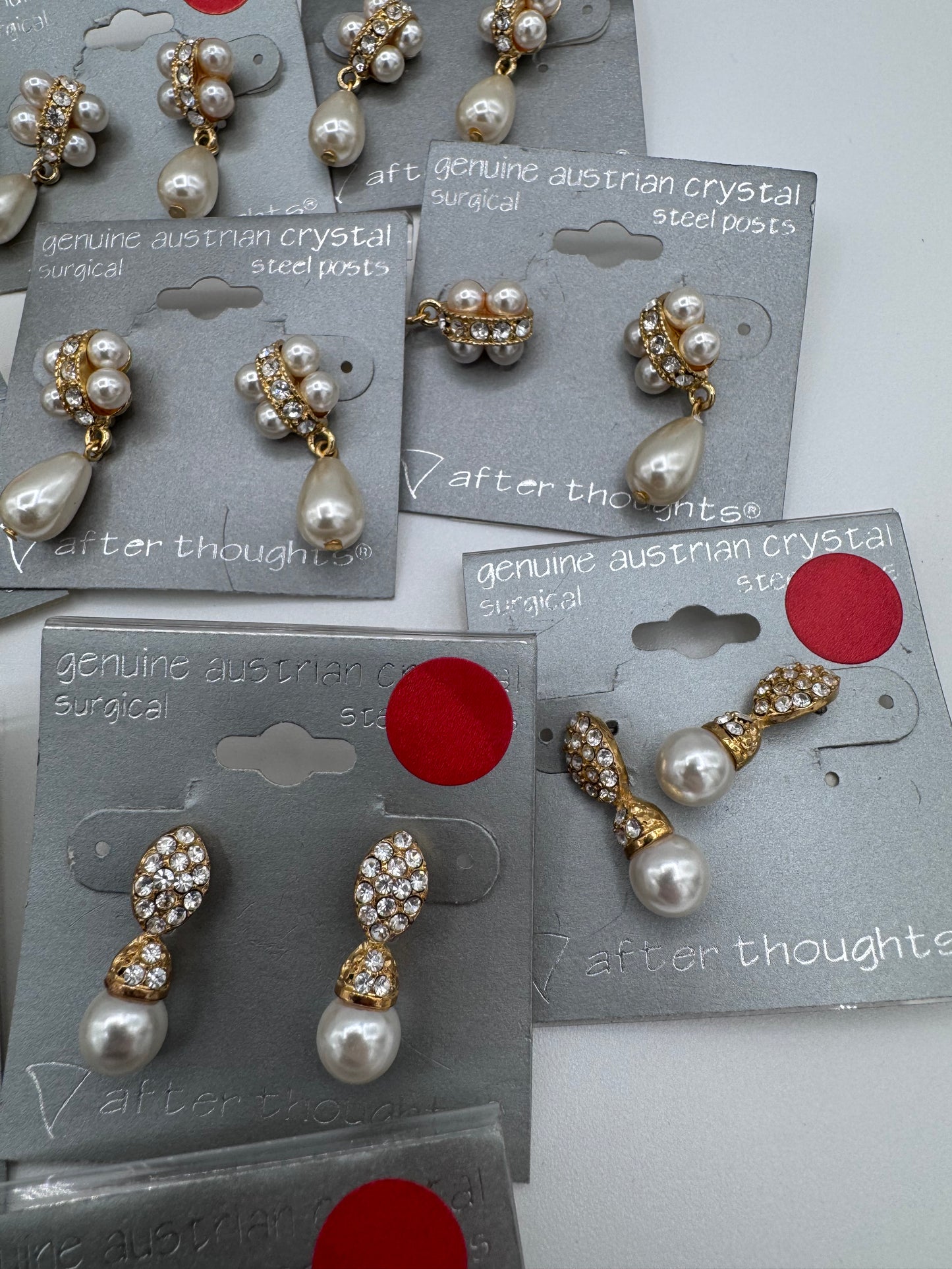 Set of 37 Pairs of Genuine Austrian Crystal Gold and Faux Pearl Dangle Earrings Costume Jewelry Vintage After Thoughts