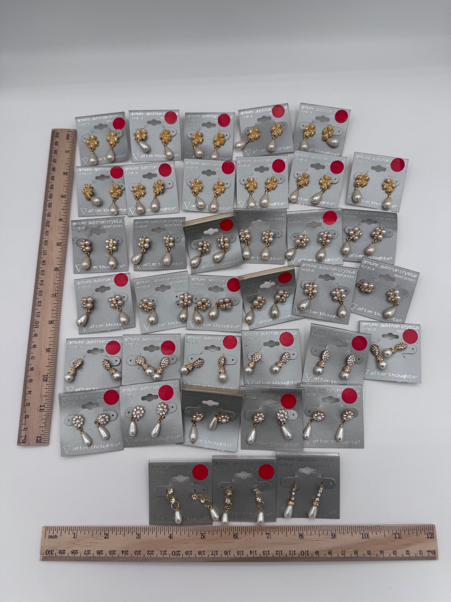Set of 37 Pairs of Genuine Austrian Crystal Gold and Faux Pearl Dangle Earrings Costume Jewelry Vintage After Thoughts