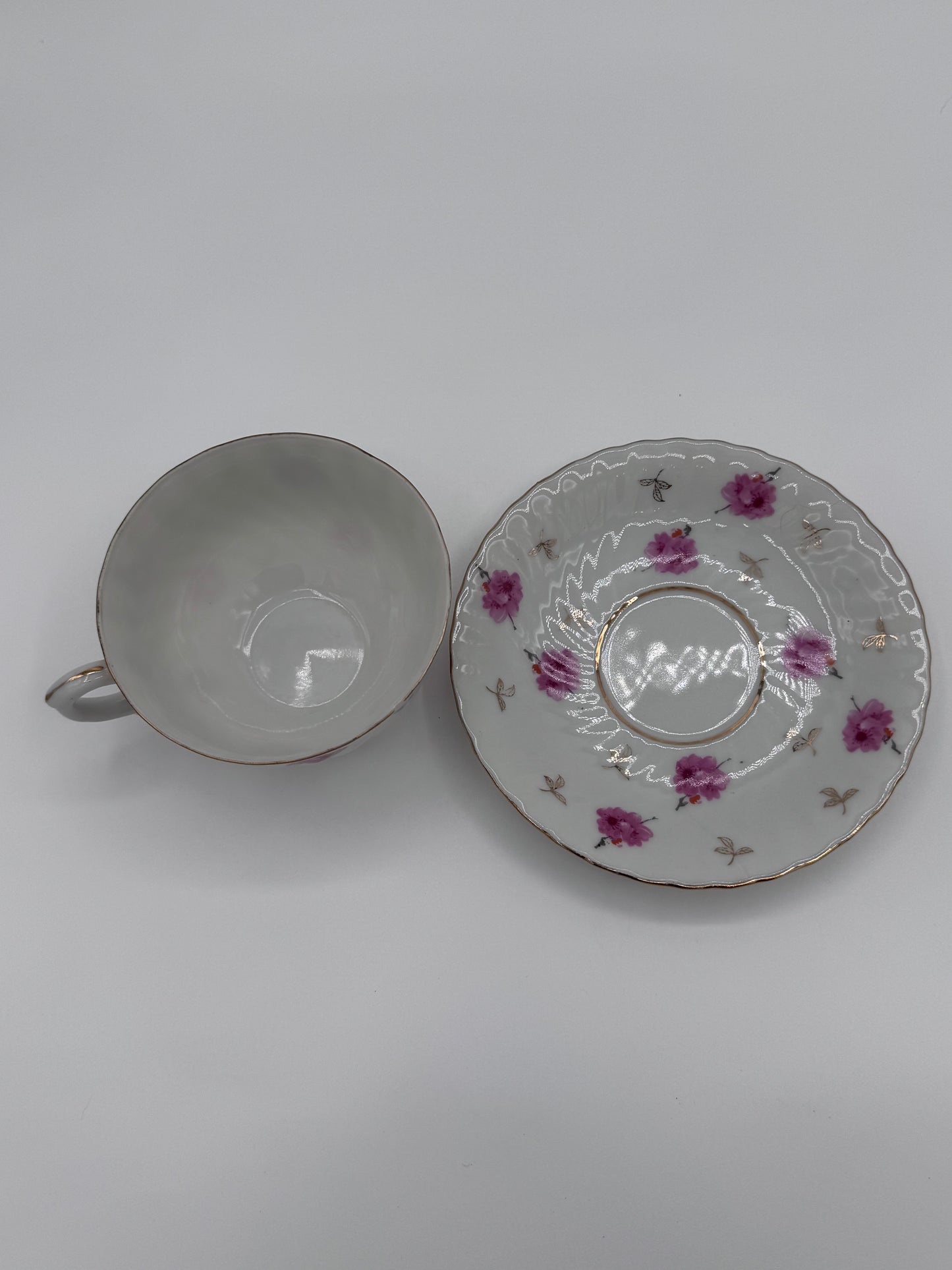 Pink and White Floral Teacup and Saucer Set