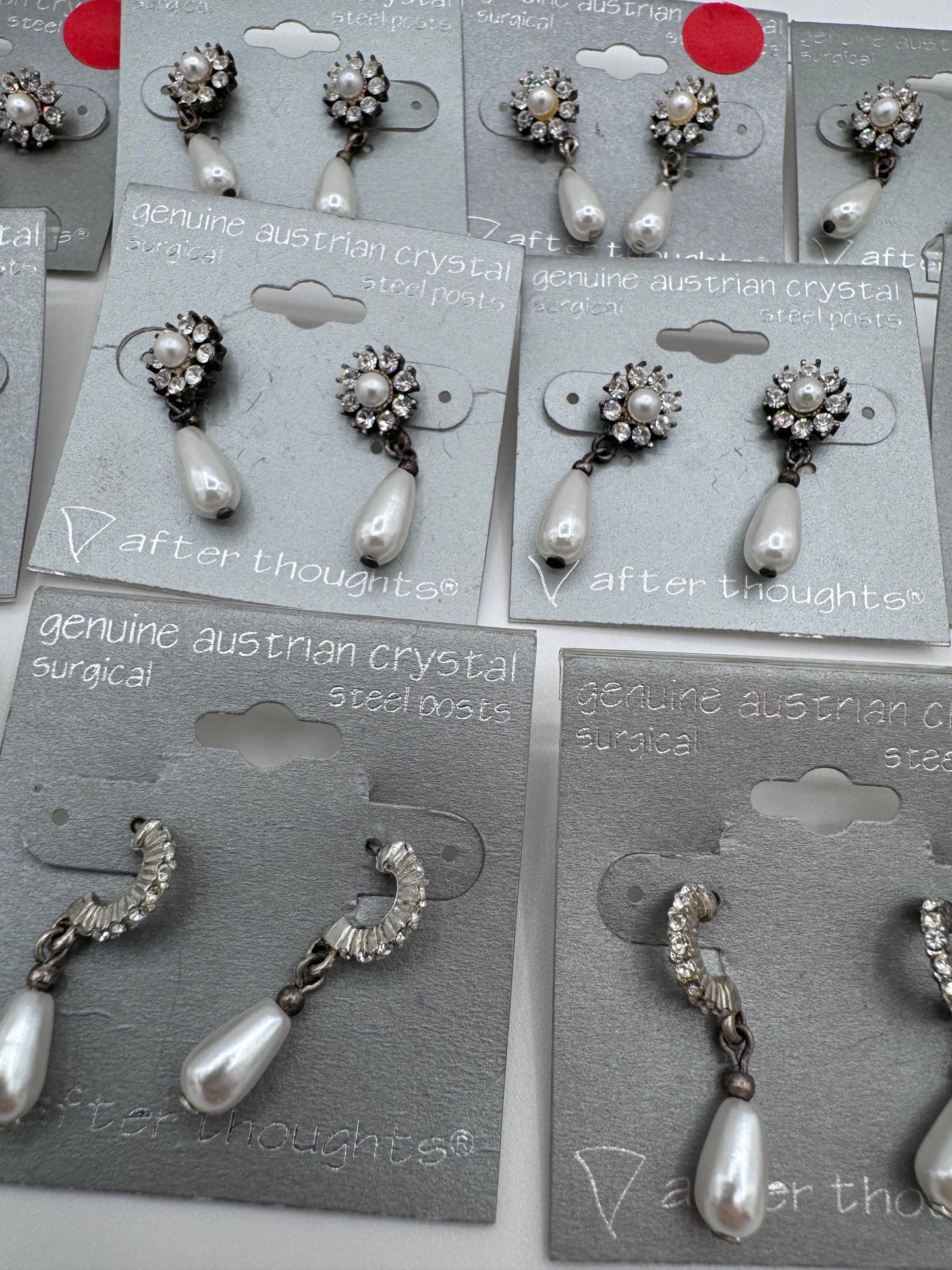 Set of 12 Pairs of Genuine Austrian Crystal Silver and Faux Pearl Dangle Earrings Costume Jewelry Vintage After Thoughts