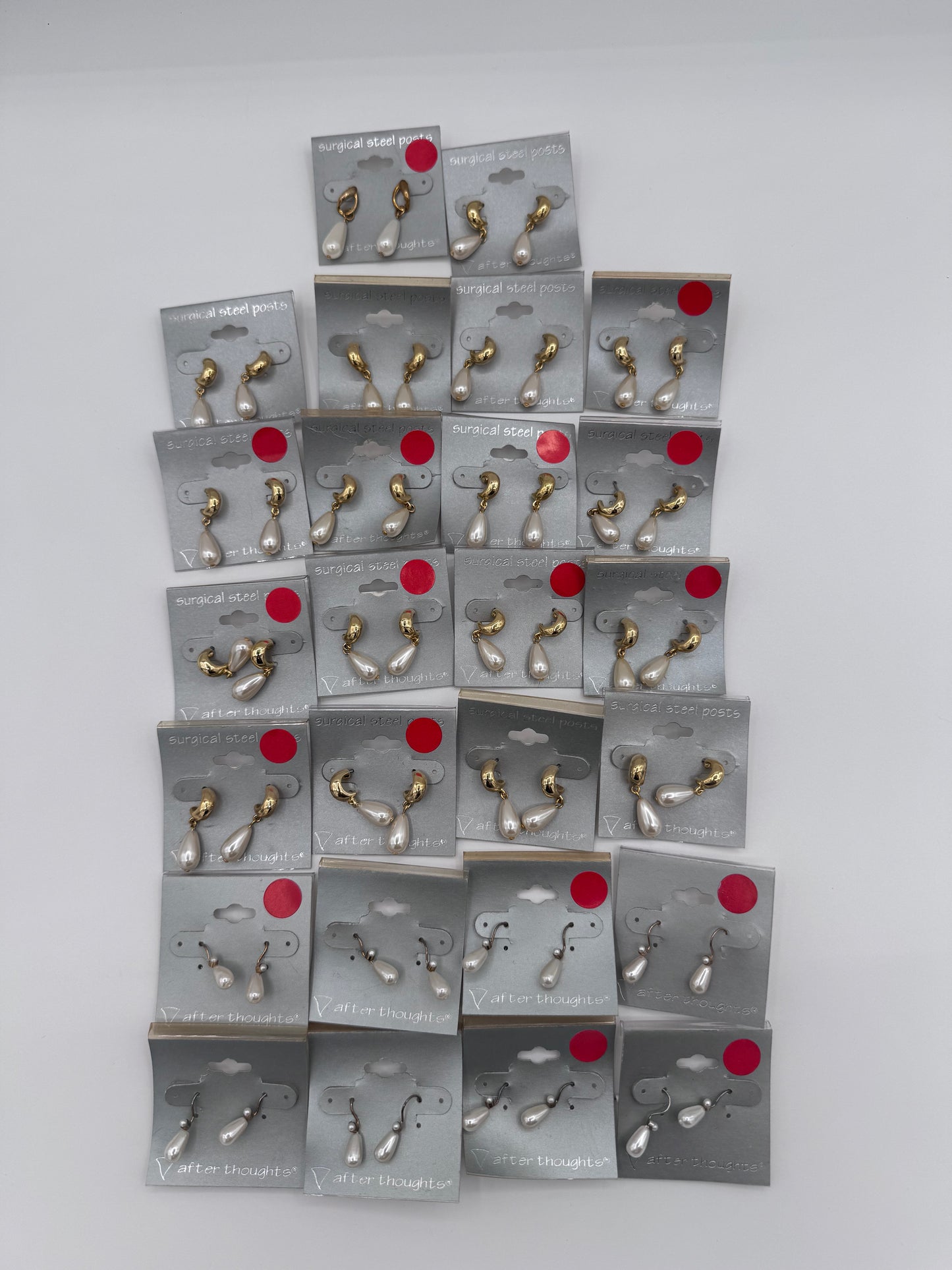 Set of 26 Pairs of Round Plastic Pearl Dangle Earrings Costume Jewelry Vintage After Thoughts
