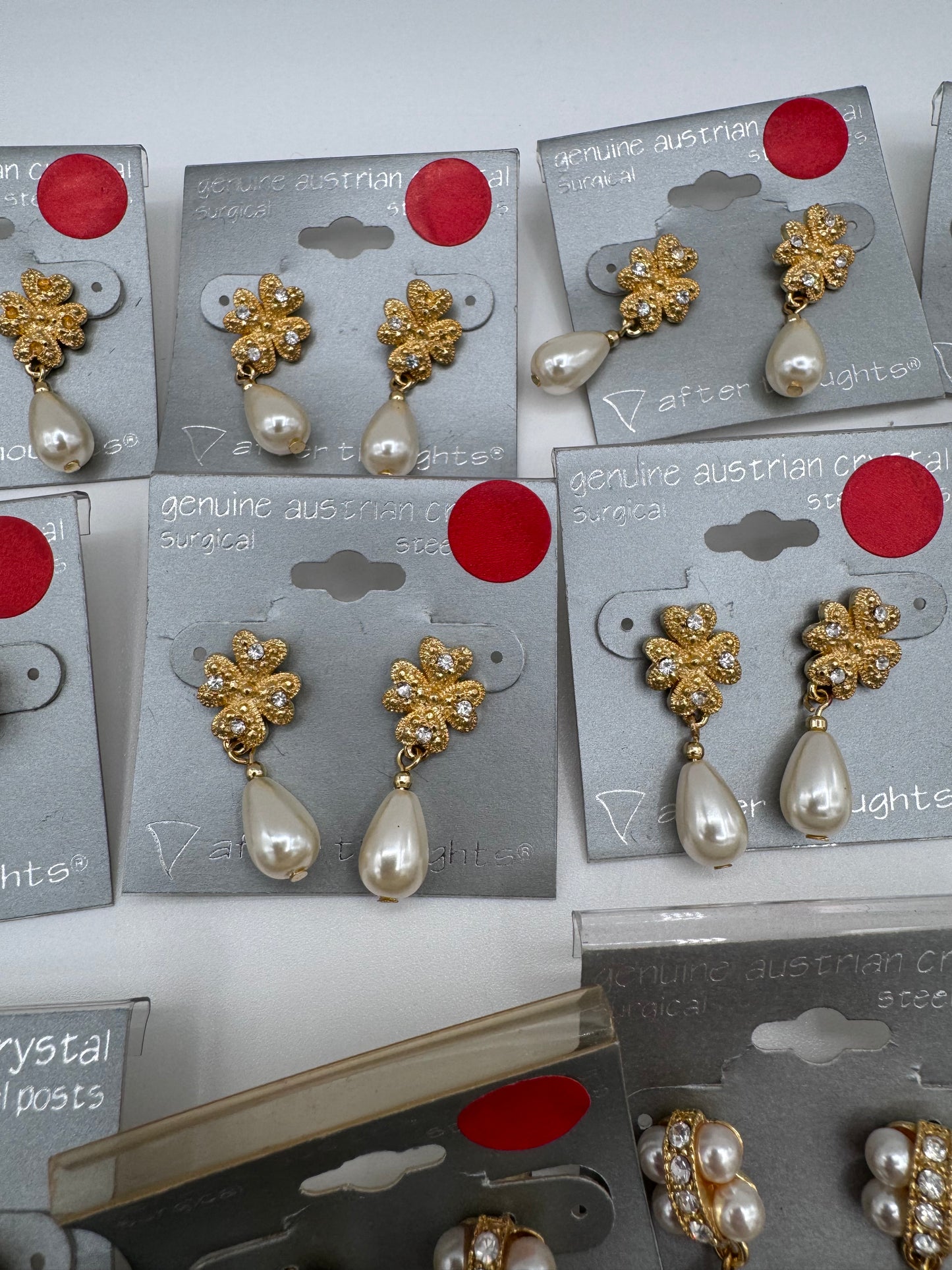 Set of 37 Pairs of Genuine Austrian Crystal Gold and Faux Pearl Dangle Earrings Costume Jewelry Vintage After Thoughts