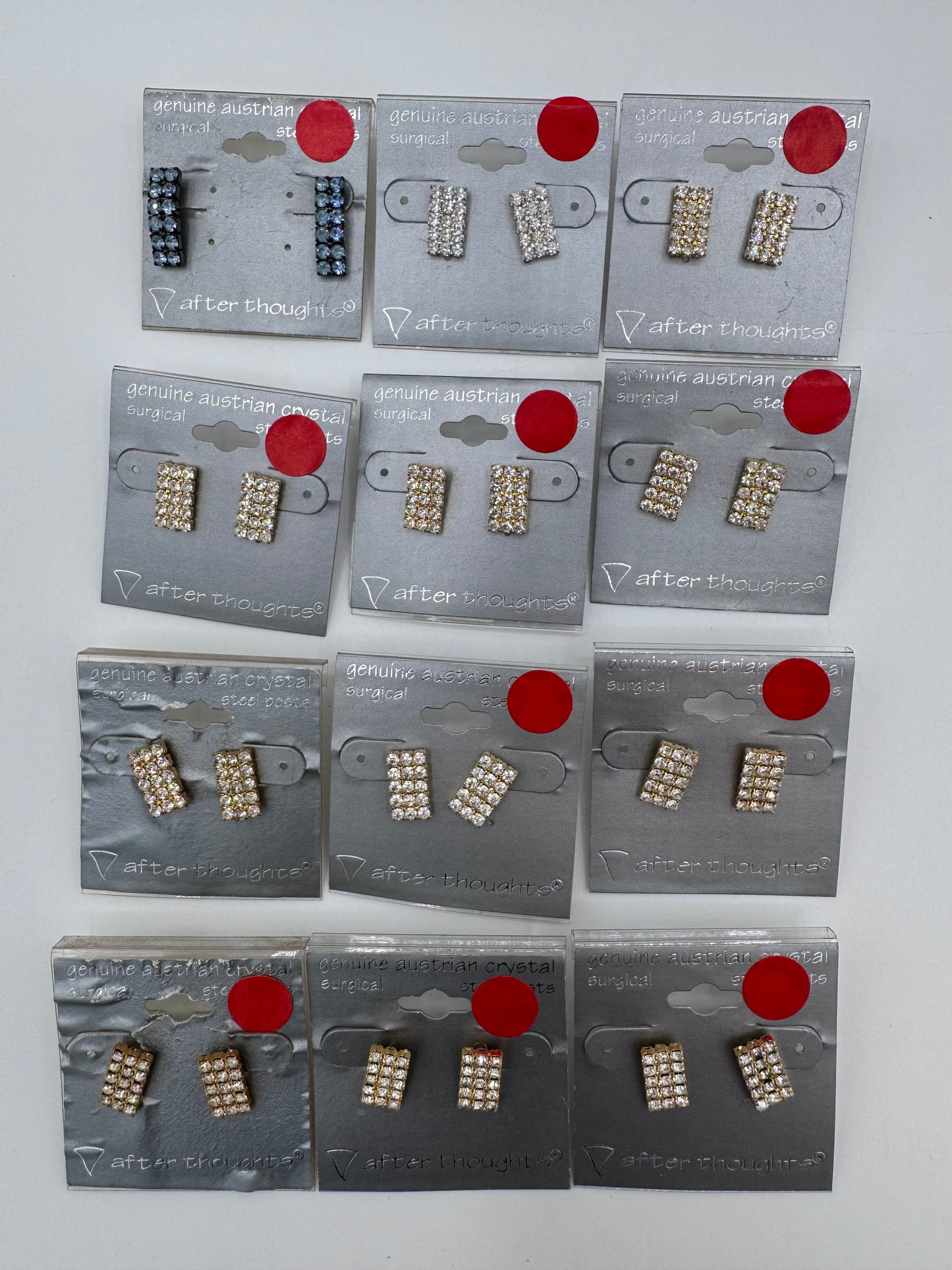 Set of 12 Pairs of Genuine Austrian Crystal Rectangle Mixed Earrings Costume Jewelry Vintage After Thoughts