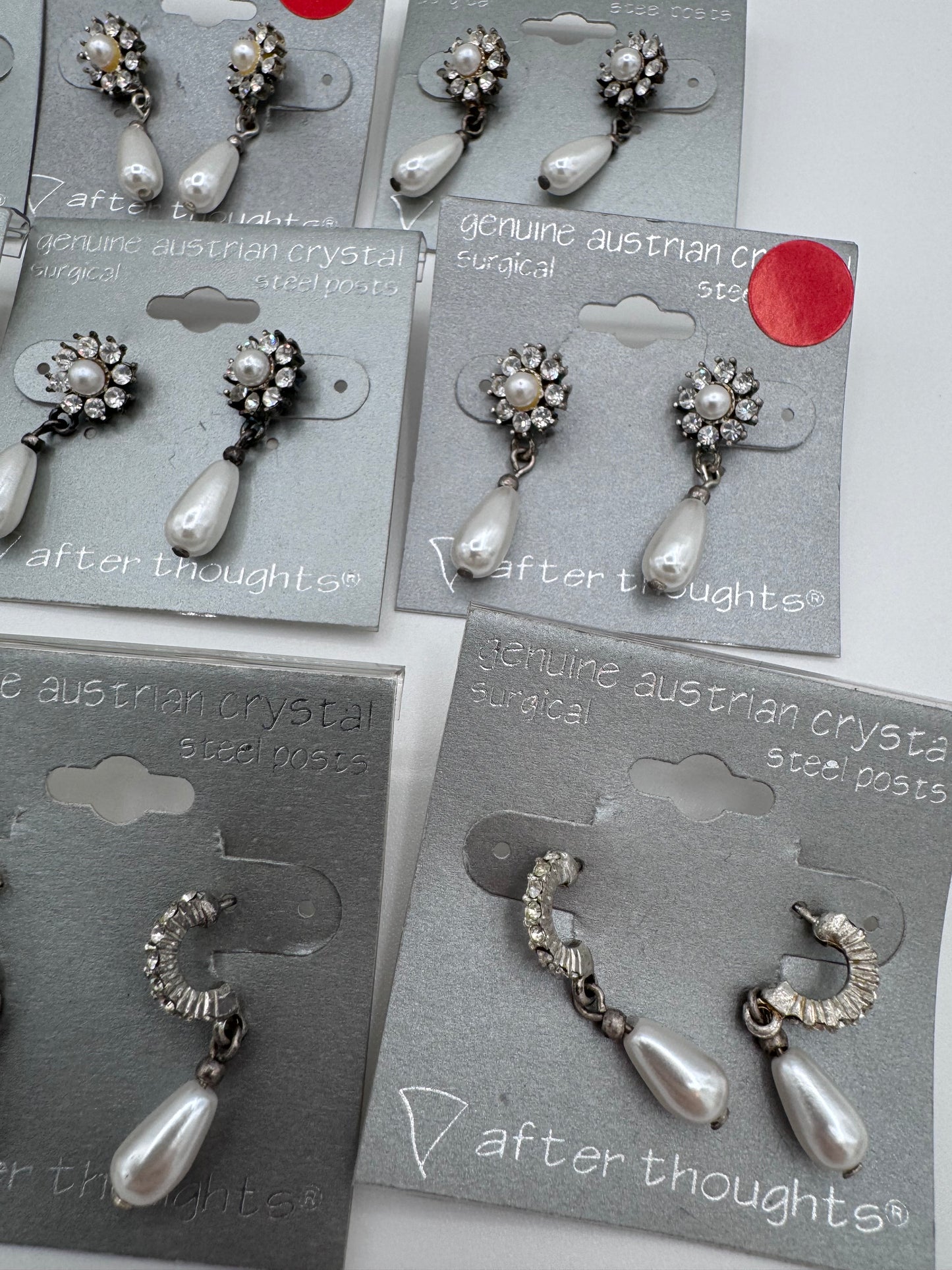 Set of 12 Pairs of Genuine Austrian Crystal Silver and Faux Pearl Dangle Earrings Costume Jewelry Vintage After Thoughts