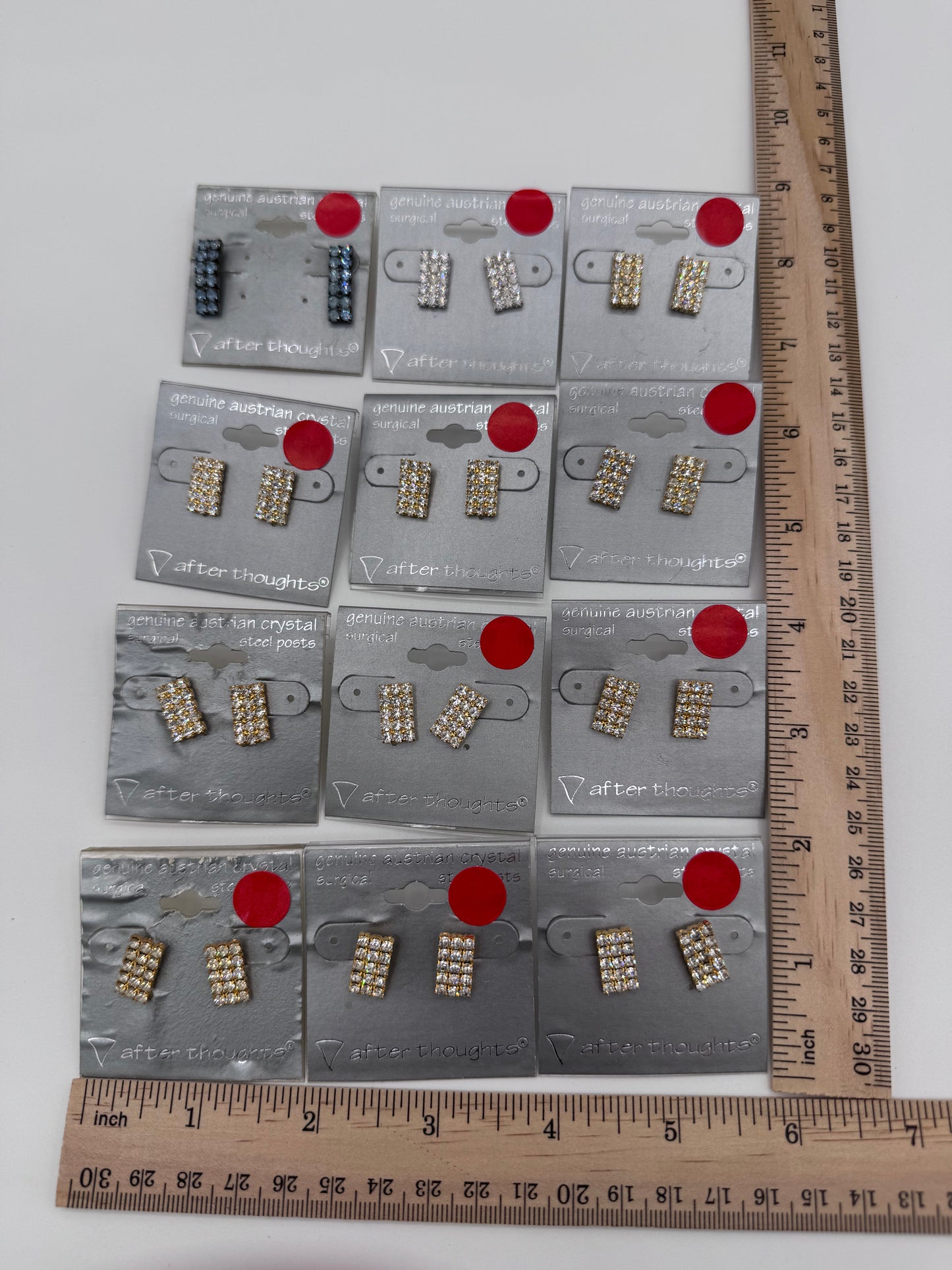 Set of 12 Pairs of Genuine Austrian Crystal Rectangle Mixed Earrings Costume Jewelry Vintage After Thoughts