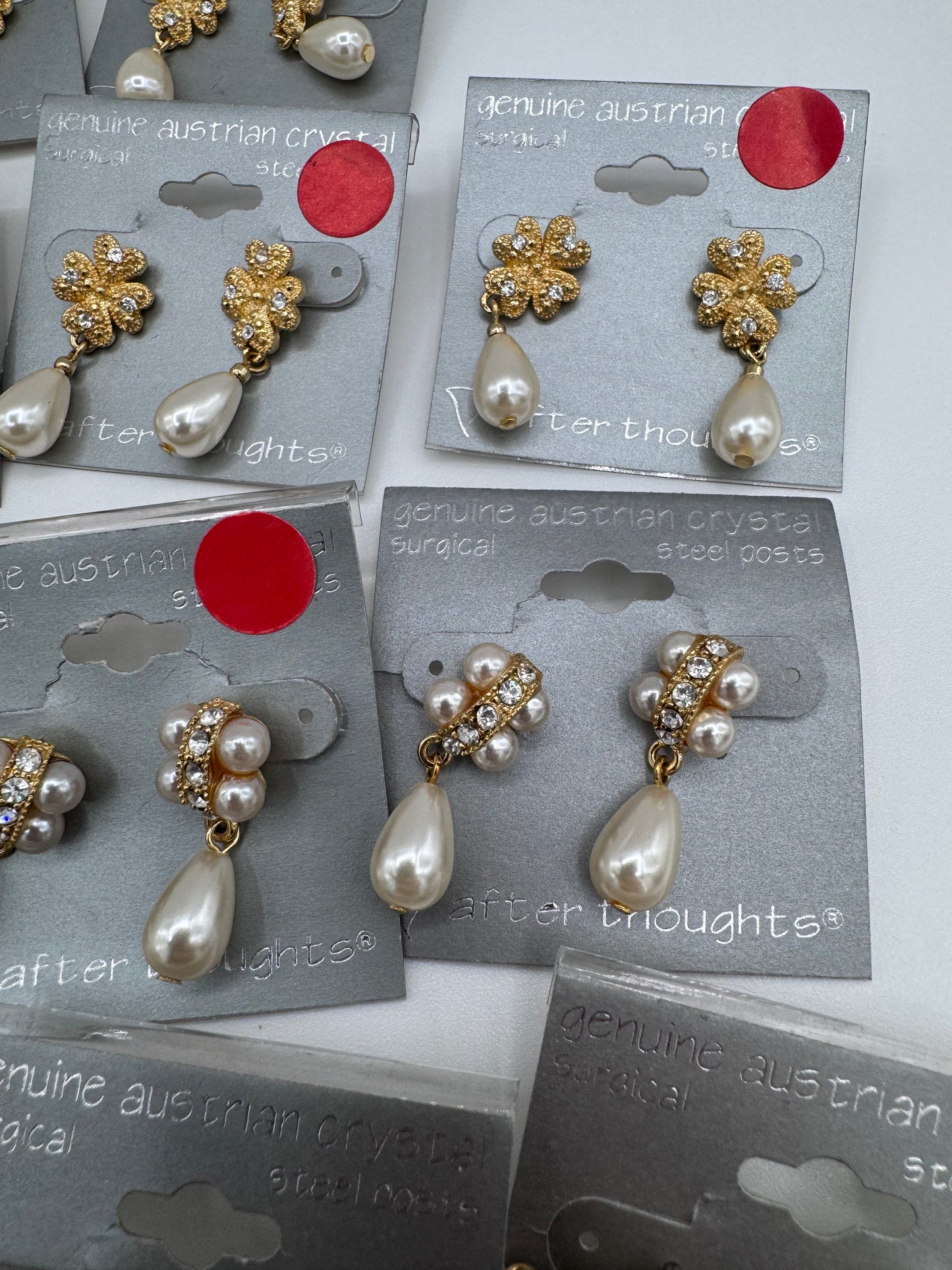 Set of 37 Pairs of Genuine Austrian Crystal Gold and Faux Pearl Dangle Earrings Costume Jewelry Vintage After Thoughts