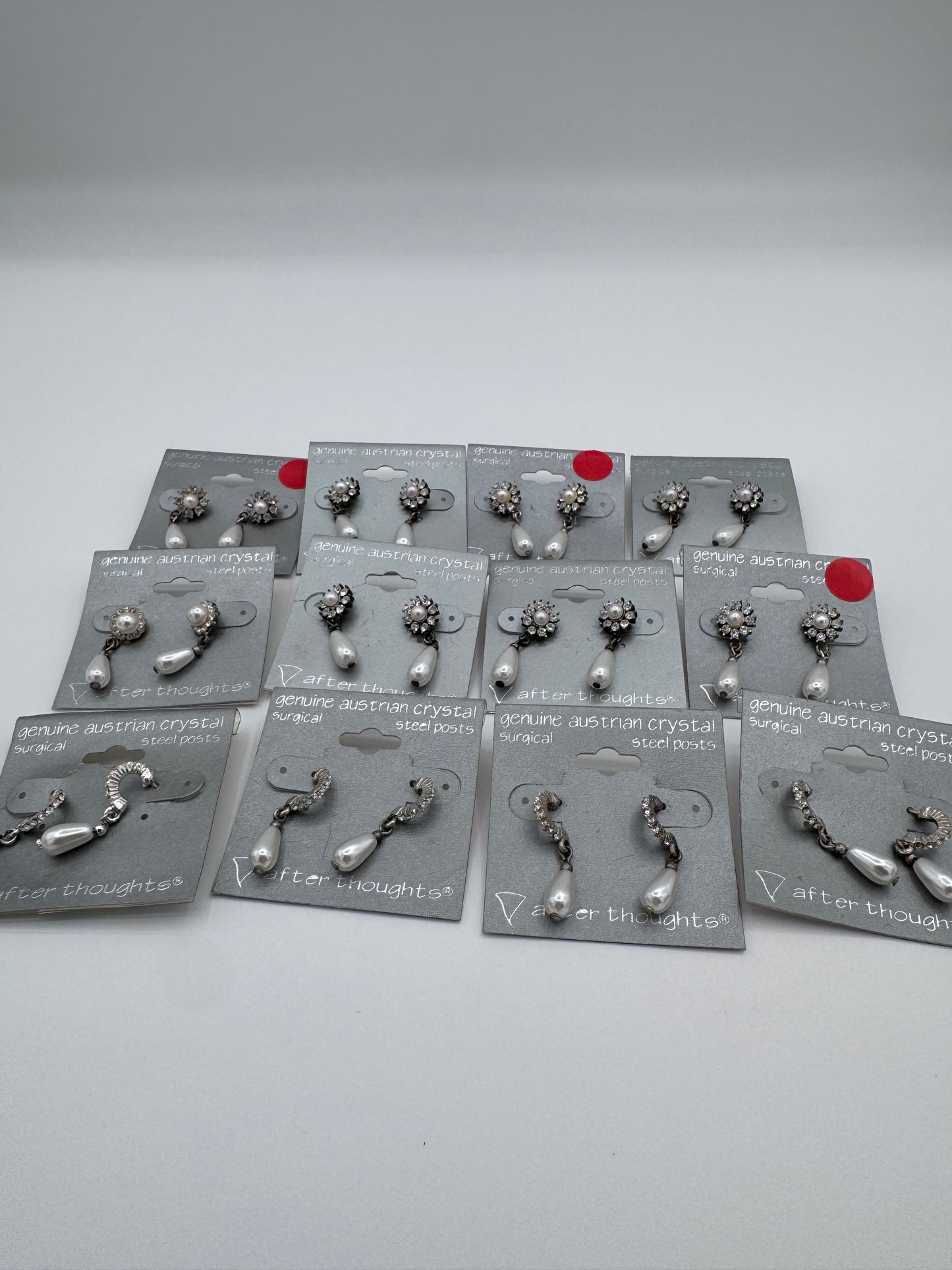 Set of 12 Pairs of Genuine Austrian Crystal Silver and Faux Pearl Dangle Earrings Costume Jewelry Vintage After Thoughts