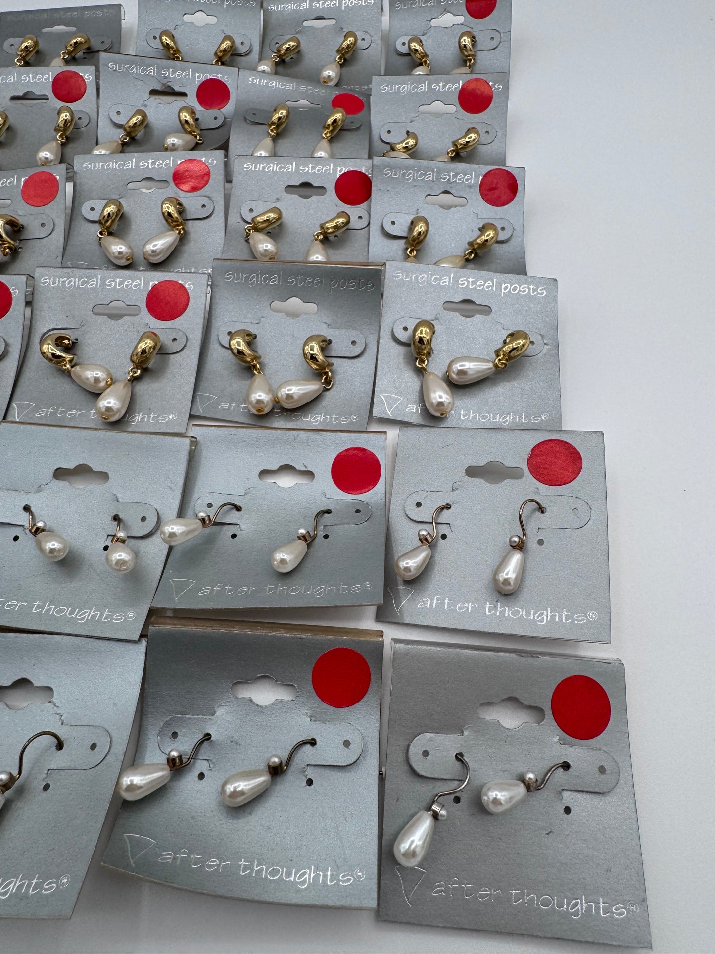 Set of 26 Pairs of Round Plastic Pearl Dangle Earrings Costume Jewelry Vintage After Thoughts