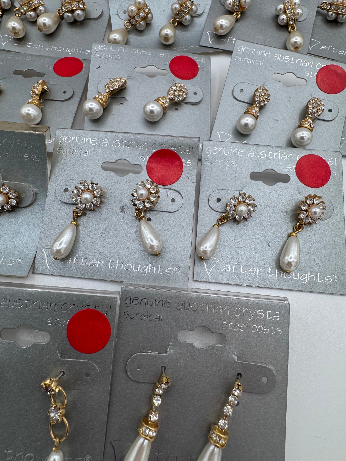 Set of 37 Pairs of Genuine Austrian Crystal Gold and Faux Pearl Dangle Earrings Costume Jewelry Vintage After Thoughts
