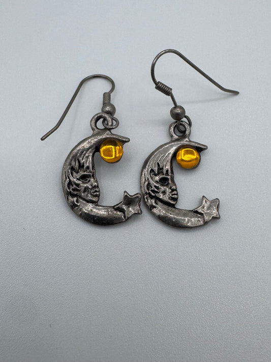 Cresent Man in the Moon, Star and Amber Gemstone Vintage Dangle Earrings