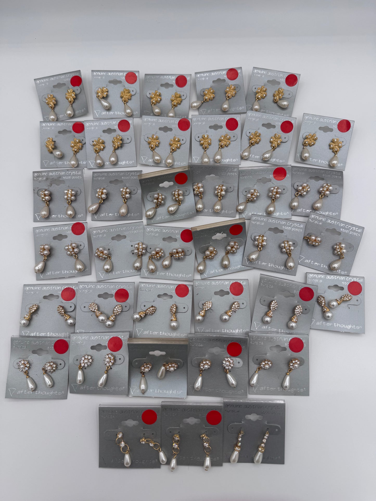 Set of 37 Pairs of Genuine Austrian Crystal Gold and Faux Pearl Dangle Earrings Costume Jewelry Vintage After Thoughts