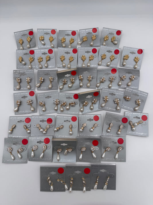 Set of 37 Pairs of Genuine Austrian Crystal Gold and Faux Pearl Dangle Earrings Costume Jewelry Vintage After Thoughts