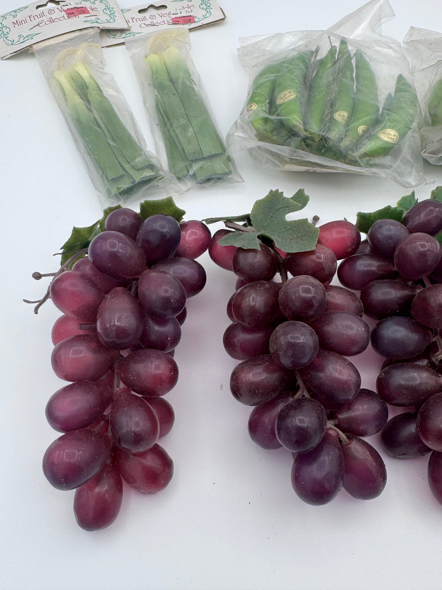 Artificial Fake Fruit and Vegetables for Kitchen Decorations Set of 9 Grapes, Leeks and Green Beans