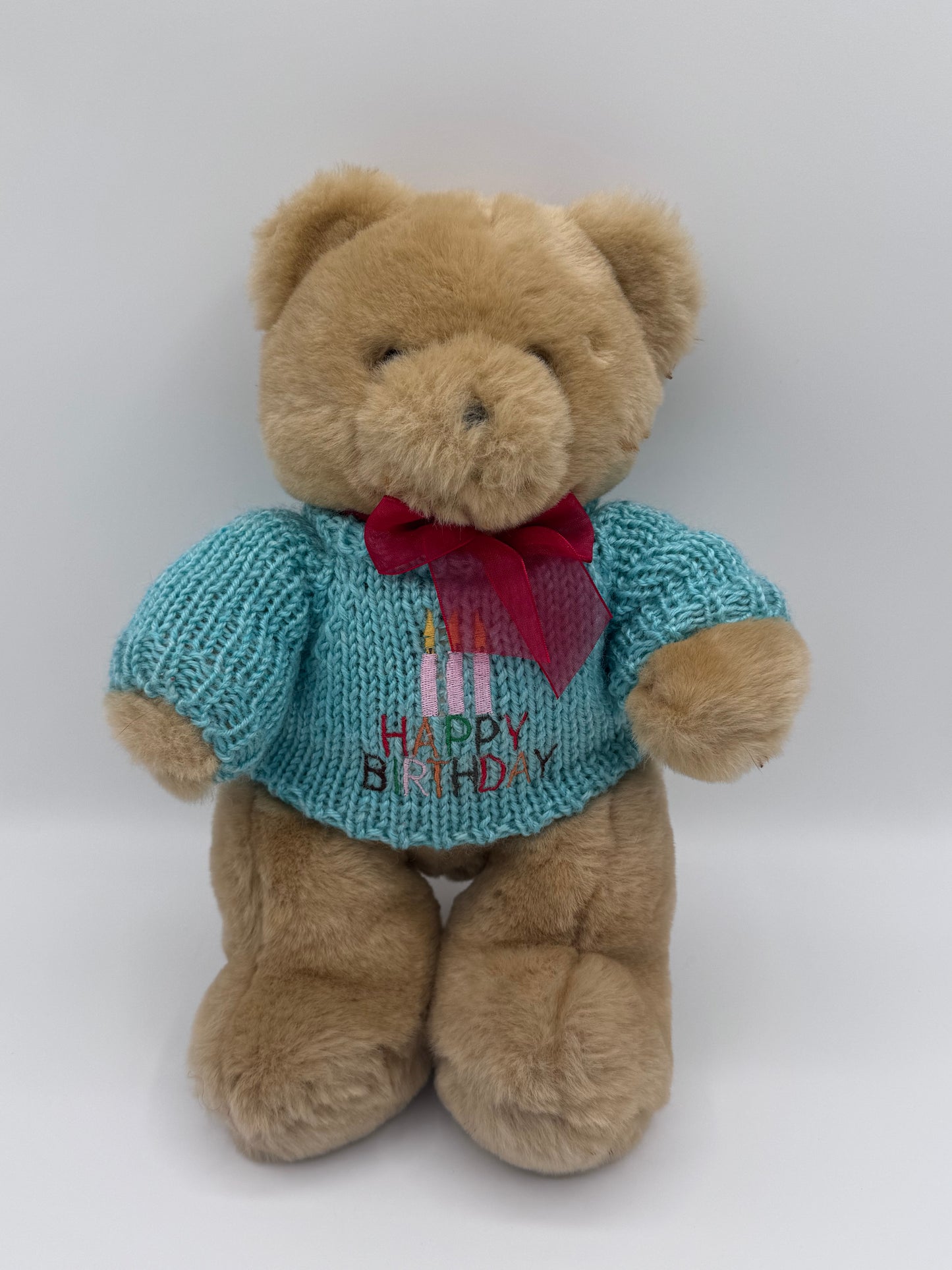 Brown Happy Birthday Teddy Bear Red Bow Aqua Sweater 2004 Michaels