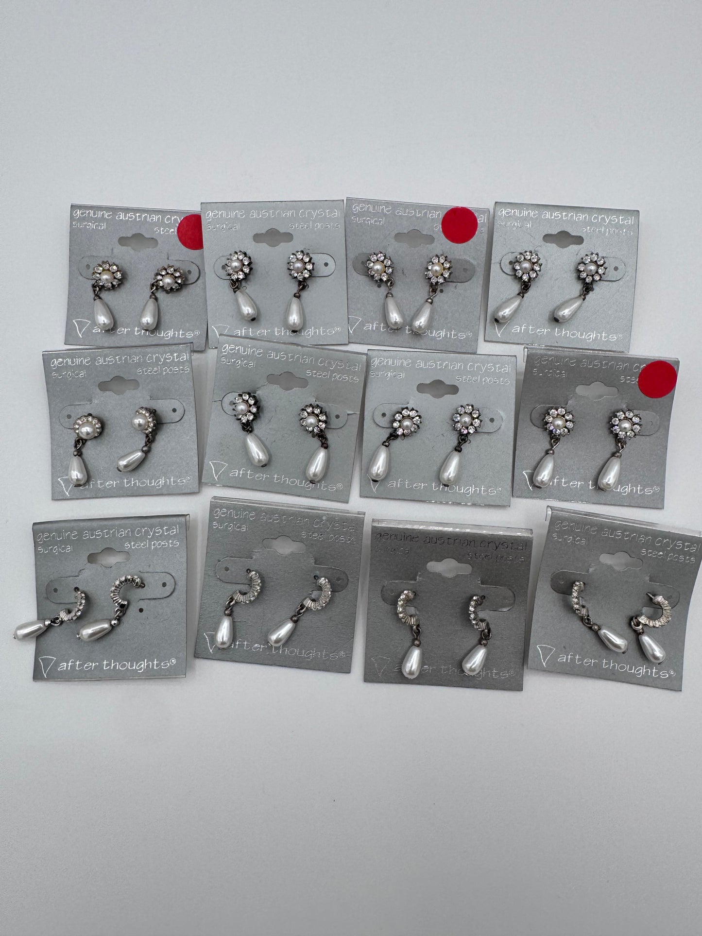 Set of 12 Pairs of Genuine Austrian Crystal Silver and Faux Pearl Dangle Earrings Costume Jewelry Vintage After Thoughts
