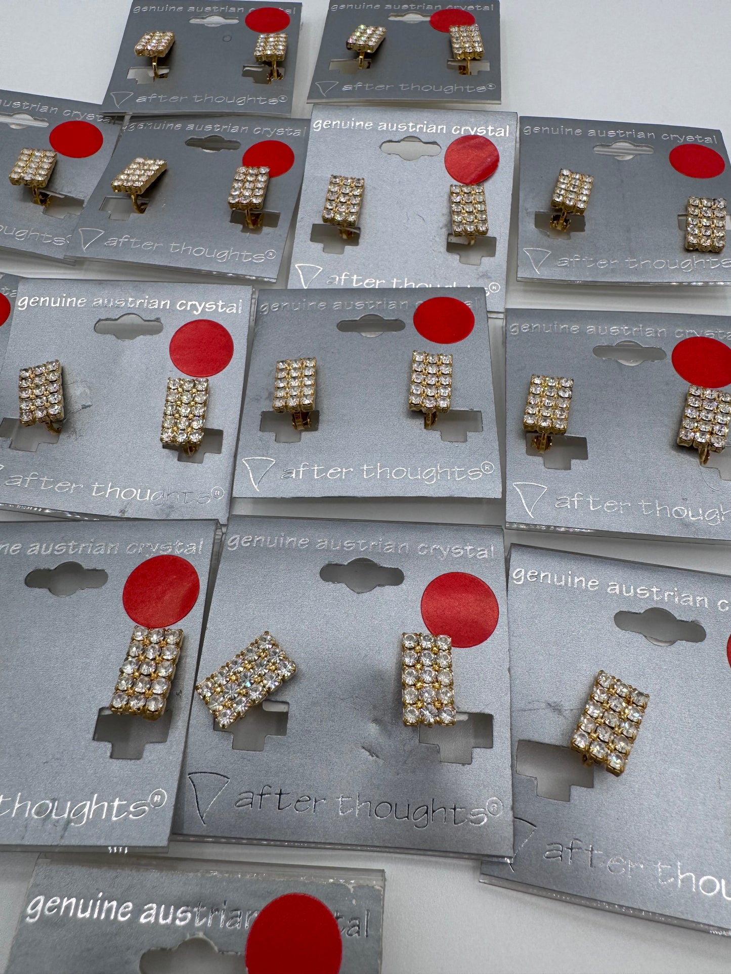 Set of 15 Pairs of Genuine Austrian Crystal Rectangle Mixed Clip On Earrings Costume Jewelry Vintage After Thoughts