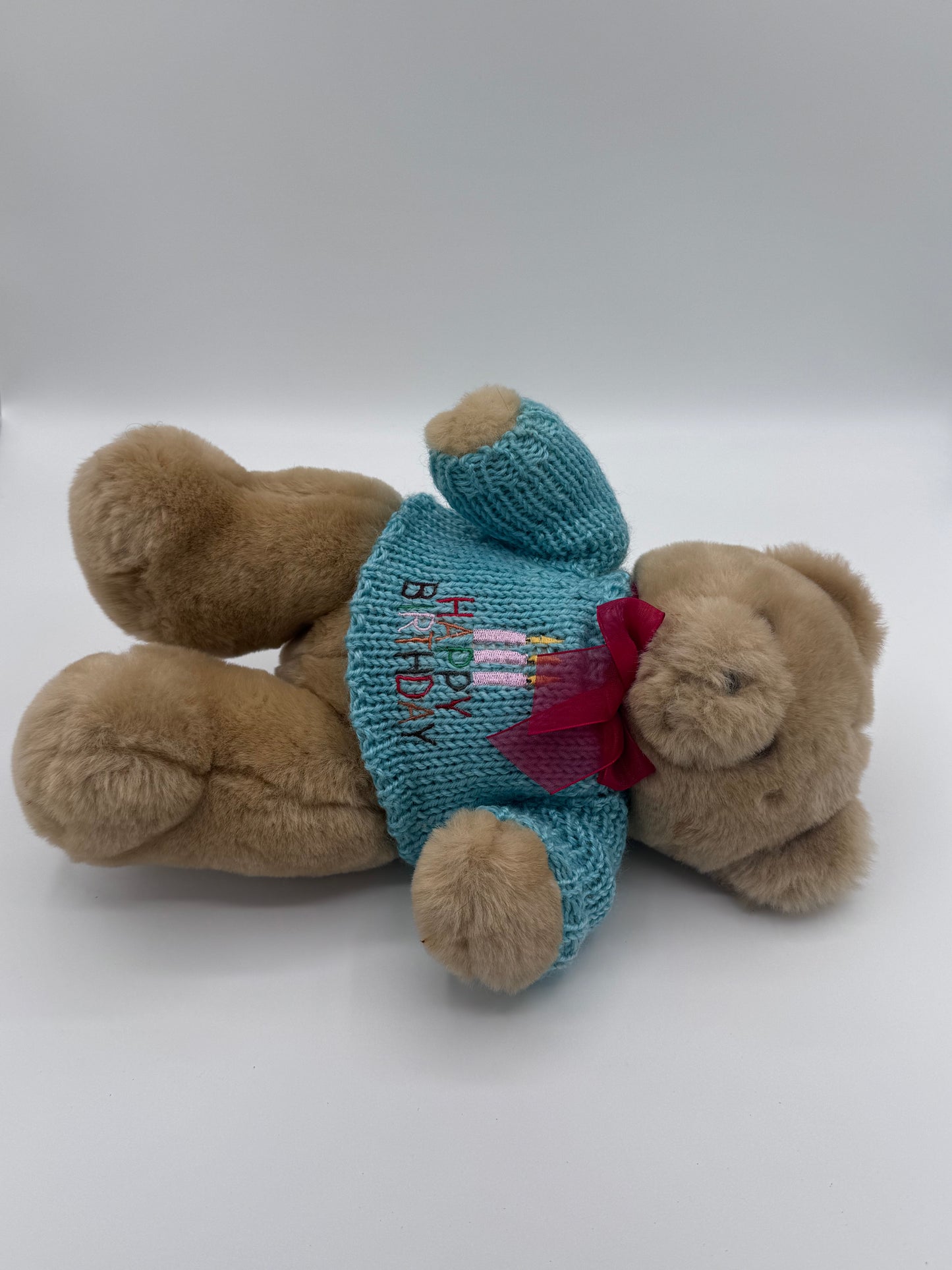 Brown Happy Birthday Teddy Bear Red Bow Aqua Sweater 2004 Michaels