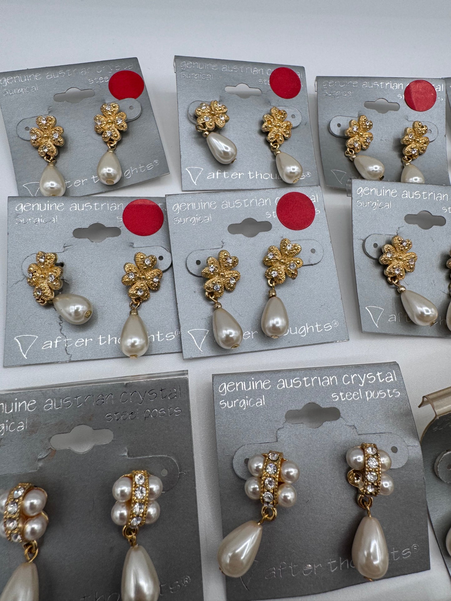 Set of 37 Pairs of Genuine Austrian Crystal Gold and Faux Pearl Dangle Earrings Costume Jewelry Vintage After Thoughts