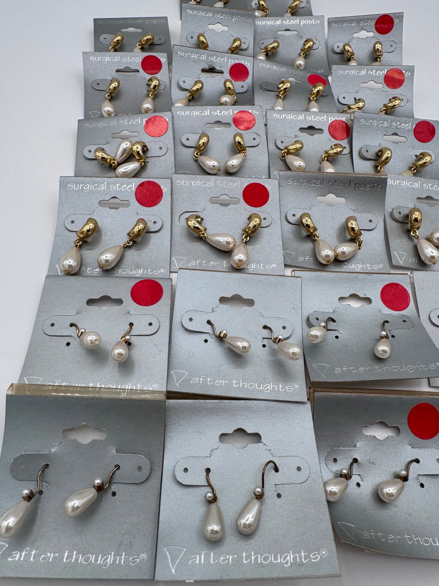 Set of 26 Pairs of Round Plastic Pearl Dangle Earrings Costume Jewelry Vintage After Thoughts