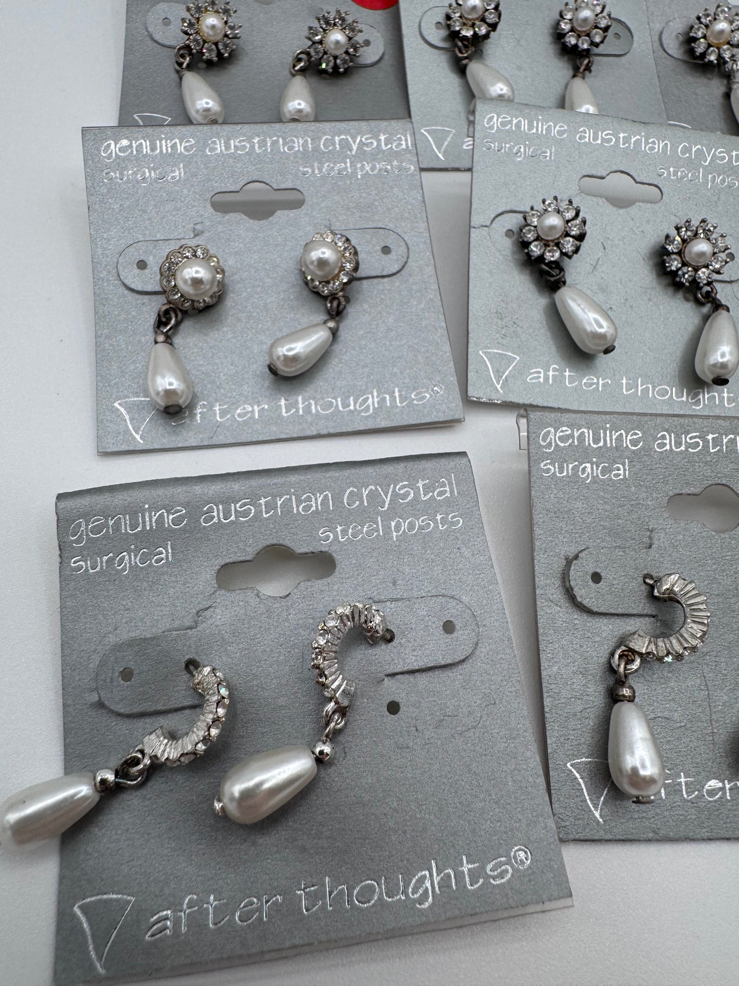 Set of 12 Pairs of Genuine Austrian Crystal Silver and Faux Pearl Dangle Earrings Costume Jewelry Vintage After Thoughts