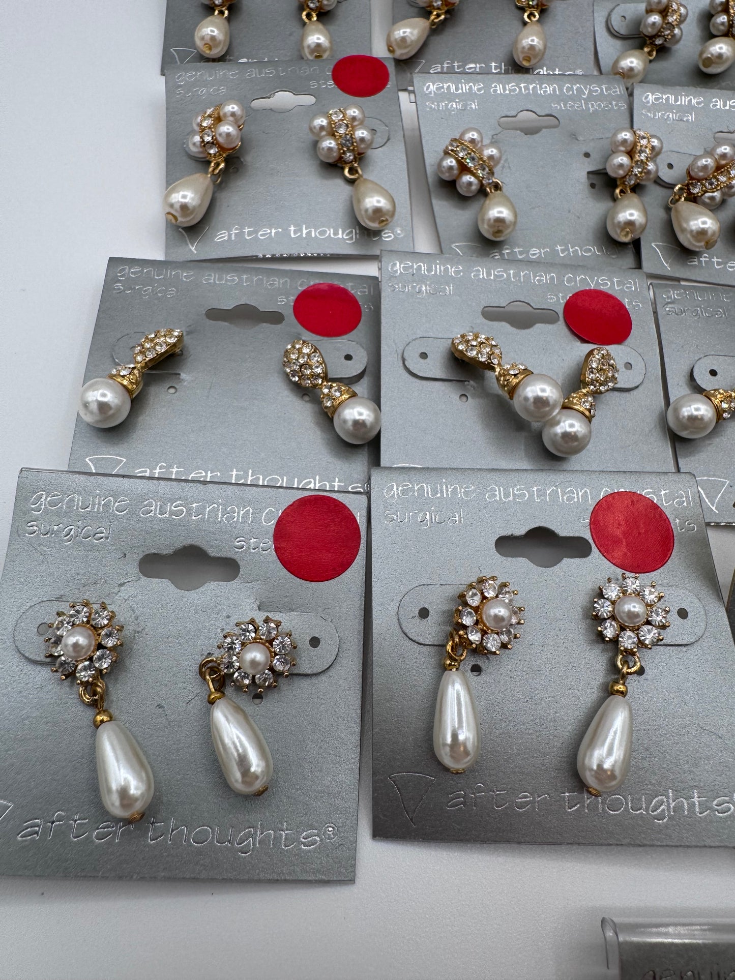 Set of 37 Pairs of Genuine Austrian Crystal Gold and Faux Pearl Dangle Earrings Costume Jewelry Vintage After Thoughts